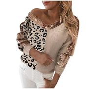 Generisch Women Cotton V Neck Sequin Leopard Print Jumper Long Sleeve Casual Solid Color Modern Women Sweater