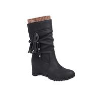 Generisch Women Fashion Solid Color Boots Bowknot Tassel Heel Back Chunky Mid Calf Boots Hallux Valgus Shoes For Women, black, 5 UK