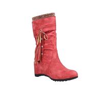 Generisch Women Fashion Solid Color Boots Bowknot Tassel Heel Back Chunky Mid Calf Boots Hallux Valgus Shoes For Women, red, 6 UK