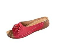 Generisch Women Floral Embellished Sandals Open Toe PU Sole Flat Heel Solid Color Comfortable Slip On Sandals with Thick Platform Women Shoes Spring, red, 4 UK