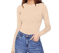 Generisch Women Long Sleeve Crew Neck Bodysuit Comfortable On Skin Tops Bodysuits Women Clothing, beige, S