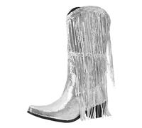 Generisch Women Mid Calf Boots Fashion Pattern Sequin Decoration Tassel Boots Lace Thick Heels Slip On Shoes, silver, 8 UK