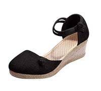 Generisch Women Retro Linen Canvas Wedges Round Toe Casual Sandals, black, 7 UK