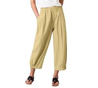 Generisch Women Short Pants Solid Color Loose Fit Harem Pants High Waist Cotton Linen Wide Leg Casual Short Pants Women Medicine Wide Leg, khaki, XL