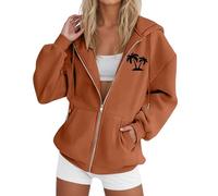 Generisch Women Tree Print Hooded Jacket Casual Long Sleeve Drawstring Zipper Fluffy Cardigan, brown, XXL