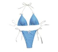 Generisch Women's 2 Piece Triangle Bow Front Gingham Bikini Set Beachwear High Waist Swimsuit Wrist Watch Digital, sky blue, L