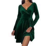 Generisch Women's 2024 V-Neck Velvet Dress Pocket Long Sleeve Winter Wrap Tunic Short Party Wedding Guest Dress Confirmation Dresses, Green, S