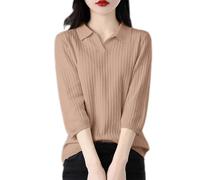 Generisch Women's 3/4 Sleeve Knitted Jumper with Polo Collar - Casual Rib Knit Jumper | Fine Knit Top for Office and Leisure, style_a06 khaki, S