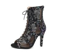 Generisch Women's Ankle Boots Leopard Net Goth High Heels 80s Victoria Boots Sexy Peep Toe Boots Latin Dance Shoes Cowboy Boots Festival Y2K Breathable Party Mesh Boots, Style H01 Black, 4 UK