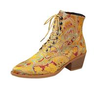 Generisch Women's Ankle Boots with Block Heel Retro Embroidery Lace-Up Boots - Pointed Toe Short Shaft Boots Ankle Boots Ethnic Style Ankle Boots Western Cowboy Boots for Lacing, gold, 8 UK