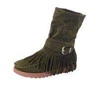 Generisch Women's Ankle Boots with Fringes Slip-On Boots Retro Plain Half Boots Flat Sole Short Boots Ankle Boots Casual Comfortable Casual Boots Winter Boots Women's Boots, Green, 4.5 UK