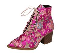 Generisch Women's Ankle Boots with Heel Lacing, Chelsea Boots Embroidered Jacquard Ankle Boots Lace Block Heel Lace-up Ankle Boots Retro Heel Boots Plus Size Short Boots for Outdoor Use, hot pink, 5