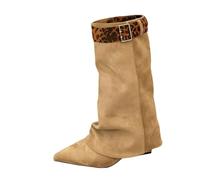 Generisch Women's Ankle Boots with Heel Pointed Knee High Boots Women's Foldable Overknee Boots Block Heel Long Shaft Boots Fold Over Shark Boots Suede Slip-On Boots for Party, khaki, 6 UK