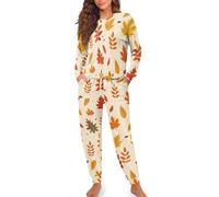 Generisch Women's Autumn Leaves Pattern Pyjama Set - Cosy Two Piece with Leaves Print Long Sleeve Pyjamas for Autumn Time, style_a01 orange, M