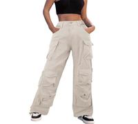 Generisch Women's Baggy Cargo Trousers for Women, Clothing with Pockets, Relaxed Fit, Fairy Clothing, Old Streetwear Shorts, Women's Fabric, Tight, beige, S