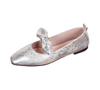 Generisch Women's Ballet Flats with Large Bow and Square Lace Elegant Flat Slippers for the Office, Wedding Party or a Stroll around the City., Style E03 Silver, 4 UK