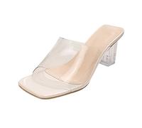 Generisch Women's Bathing Shoes, Slippers, Mules, Bath Slippers, Transparent PVC Square Head, Crystal, Thick High Heel Sandals, beige, 8 UK