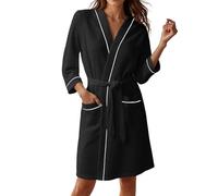 Generisch Women's Bathrobe with 3/4 Sleeves Waffle Pique House Coat Knee-Length Terry Cloth Bath Poncho Kimono Spa Dressing Gown Lightweight Pyjamas Loungewear Beach Poncho Travel Bathrobe Sauna Gown