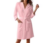 Generisch Women's Bathrobe with 3/4 Sleeves Waffle Pique House Coat Knee-Length Terry Cloth Bath Poncho Kimono Spa Dressing Gown Lightweight Pyjamas Loungewear Beach Poncho Travel Bathrobe Sauna Gown