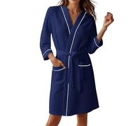 Generisch Women's Bathrobe with 3/4 Sleeves Waffle Pique House Coat Knee-Length Terry Cloth Bath Poncho Kimono Spa Dressing Gown Lightweight Pyjamas Loungewear Beach Poncho Travel Bathrobe Sauna Gown