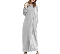 Generisch Women's Bathrobe with Zip and Hood Fluffy Dressing Gown Extra Long House Coat Lightweight Cuddly Sauna Gown Large Comfortable Pyjamas Loose Stretch Loungewear, O Grey, XL
