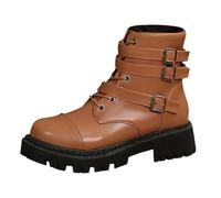 Generisch Women's Biker Boots with Buckles, Leather Boots Platform Ankle Boots Round Lace-Up Boots Non-Slip Abrasion Resistant Riding Boots Autumn Winter Motorcycle Boots with Zip Ankle Boots, khaki