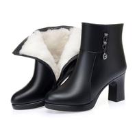 Generisch Womens Black Lined Winter Boots Lace Up Block Heel Non Slip Sole Warm Lined Comfortable Slip On Boots, black, 2/2.5 UK