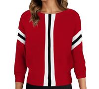 Generisch Women's Block Stripe Knitted Jumper with Boat Neck Casual Top with 3/4 Bat Sleeves, style_k06 red, One Size