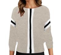 Generisch Women's Block Stripe Knitted Jumper with Boat Neck Casual Top with 3/4 Bat Sleeves, style_k05 khaki, One Size