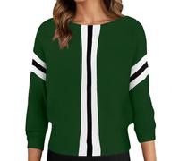 Generisch Women's Block Stripe Knitted Jumper with Boat Neck Casual Top with 3/4 Bat Sleeves, style_k03 green, One Size
