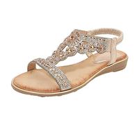 Generisch Women's Bohemia Sandals with Rhinestone Pearls Summer Beach Shoes Leisure Flat Sandals, gold, 8.5 UK