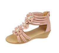 Generisch Women's Bohemian Ethnic Style Oversized Sandals with Oblique Heels Thick Soles Summer Roman Women Floral Sandals, pink, 5 UK
