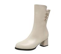 Generisch Women's Boots Fashion Women Faux Leather Plain Square Heels Zip Medium Booties Round Toe Shoes, White, 7 UK