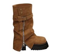 Generisch Women's Boots Leather Wide Shaft Round Toe Winter Boots Non-Slip Wide Shaft Boots Platform Block Heel Slip-On Depth Retro Elegant Ankle Boots, brown, 5 UK
