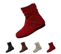 Generisch Women's Boots PU Leather Half Height Winter Boots Elegant Flat Winter Boots with Belt Buckle Wide Shaft Boots Comfortable Women's Boots Plain Cowboy Boots Non-Slip Centre Tube Boots, red, 7