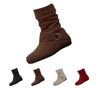 Generisch Women's Boots PU Leather Half Height Winter Boots Elegant Flat Winter Boots with Belt Buckle Wide Shaft Boots Comfortable Women's Boots Plain Cowboy Boots Non-Slip Centre Tube Boots, coffee