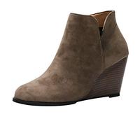 Generisch Women's Boots Wedge Heel Round Toe Zipper Short Ankle Boots Solid Colorway Fashion Shoes, khaki, 2/2.5 UK