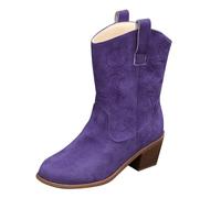Generisch Women's Boots with Heel Block Heel Chelsea Boots Western Boots Winter Ankle Boots Mid-Calf Riding Boots Retro Western Cowboy Leather Boots Lace, purple, 4 UK