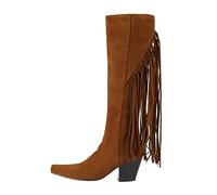 Generisch Women's Boots with Square Heel Fringe Design Fashionable Medium Shaft Height Retro Style for Elegant Autumn Fashion, brown, 6 UK
