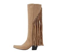 Generisch Women's Boots with Square Heel Fringe Design Fashionable Medium Shaft Height Retro Style for Elegant Autumn Fashion, beige, 7 UK