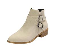 Generisch Women's Boots with Wide Calf and Heel, Retro Short Leather Boots Female, Plain Non-Slip Flat with Block Heel, Large Size Lace, Boots Female Calf Boots, White, 6 UK