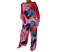 Generisch Women's Broken Card Neck Loose Print Batwing Sleeve Trouser Suit Two Piece Outfit Women, red, L