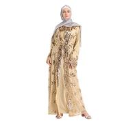 Generisch Women's Cardigan Arabic Cardigan Women's Abaya Kaftan Cardigan Hollow Islamic Cardigan Sequins Out Muslim Long Loose Women's Cardigan, khaki, S