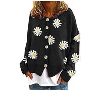 Generisch Women's Cardigan Daisy Print Knitted Coat V Neck Knitted Cardigan Long Sleeve Loose with Button Love Print Star Print Knitted Cardigan, black, XXL