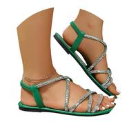 Generisch Women's Casual Elastic Beach Sandals with Rhinestone Straps - Ideal for Everyday Holiday Beach Dates, Green, 5 UK