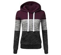 Generisch Women's Casual Hoodie Patchwork Sweatshirts with Hooded Blouses Beach Dress Black, Wine Red, S