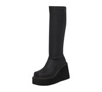 Generisch Women's Casual Plain Simple Soft Leather Sleeves Slant Heel Thick Sole Large Sizes Knee Boots, black, 7 UK