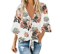 Generisch Women's Casual Tops V-Neck 3/4 Sleeve Tie Knot Blouses Printed Button Down Shirts Tunic Women Short Sleeve, White, XL