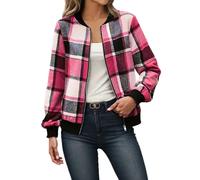 Generisch Women's Checked Bomber Jacket with Zip - Lightweight Transition Jacket in Tartan Pattern | Casual Blouson for Autumn and Spring, Style_r03 Hot Pink, XXL