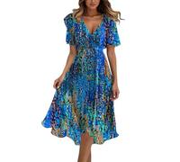 Generisch Women's Chiffon Boho Long Dress with Belt 2025 Summer Dress Party Dress Elegant V-Neck Midi Dress Flower Dress Evening Dress Ruffle Beach Dress Cocktail Dress Chiffon Dress, Blue-A, XL